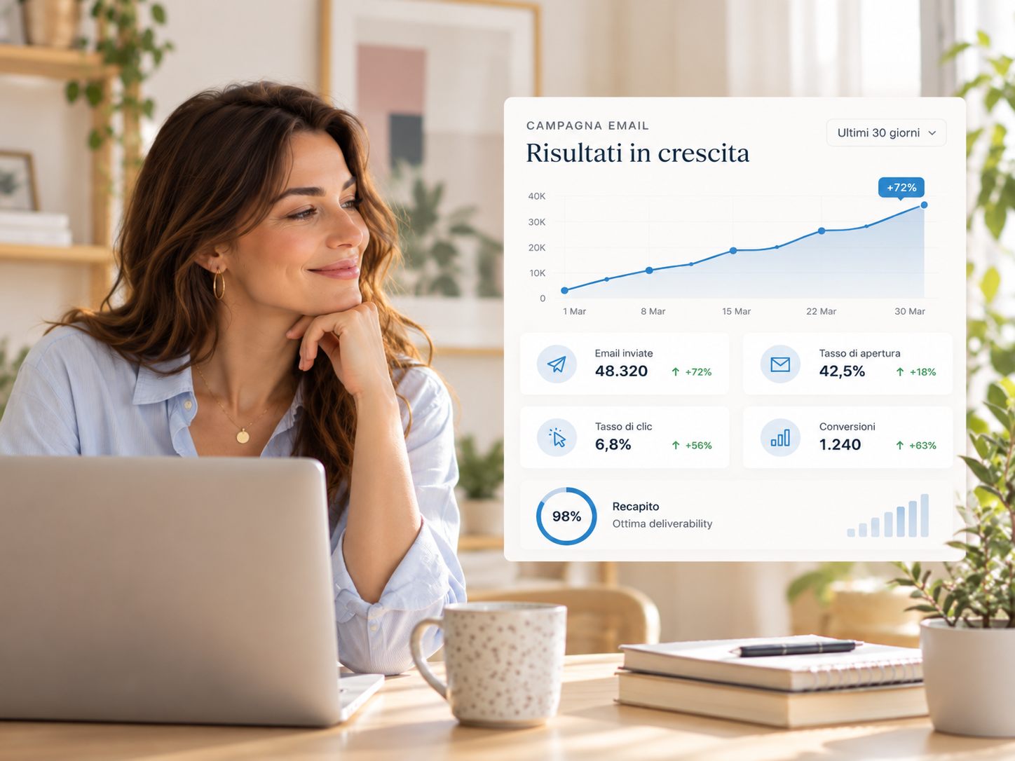 Illustrazione del monitoraggio di una campagna email con grafici e indicatori dei risultati